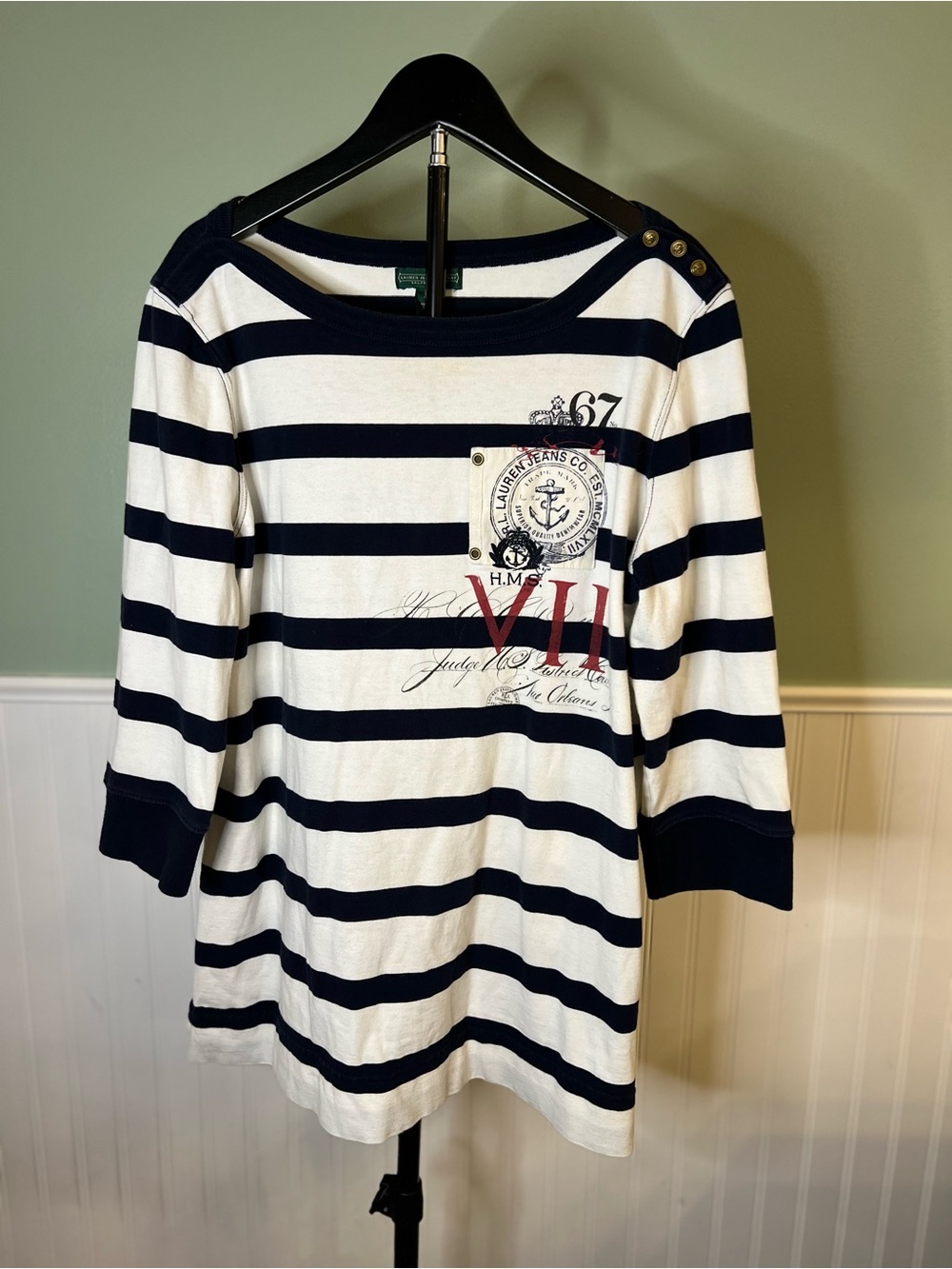 Lauren Jeans Co Ralph Lauren Navy & White Striped Nautical Tunic Top. Size XL